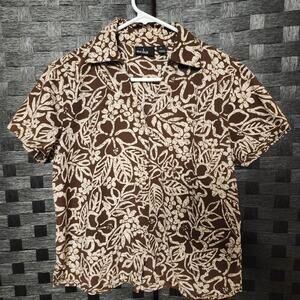 Erika Women's Short Sleeve Medium Brown Floral Button Down Blouse